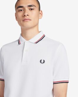 Polo Fred Perry con ribete y dos franjas Blanco, Rojo, Marino