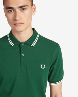 Polo Fred Perry con ribete y dos franjas, Verde, blanco, blanco