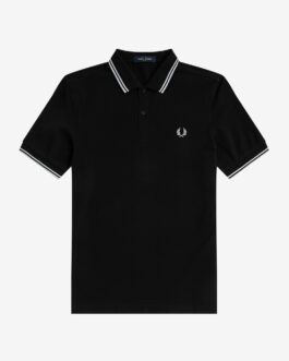 Polo Fred Perry con ribete y dos franjas Negro, Blanco, Blanco